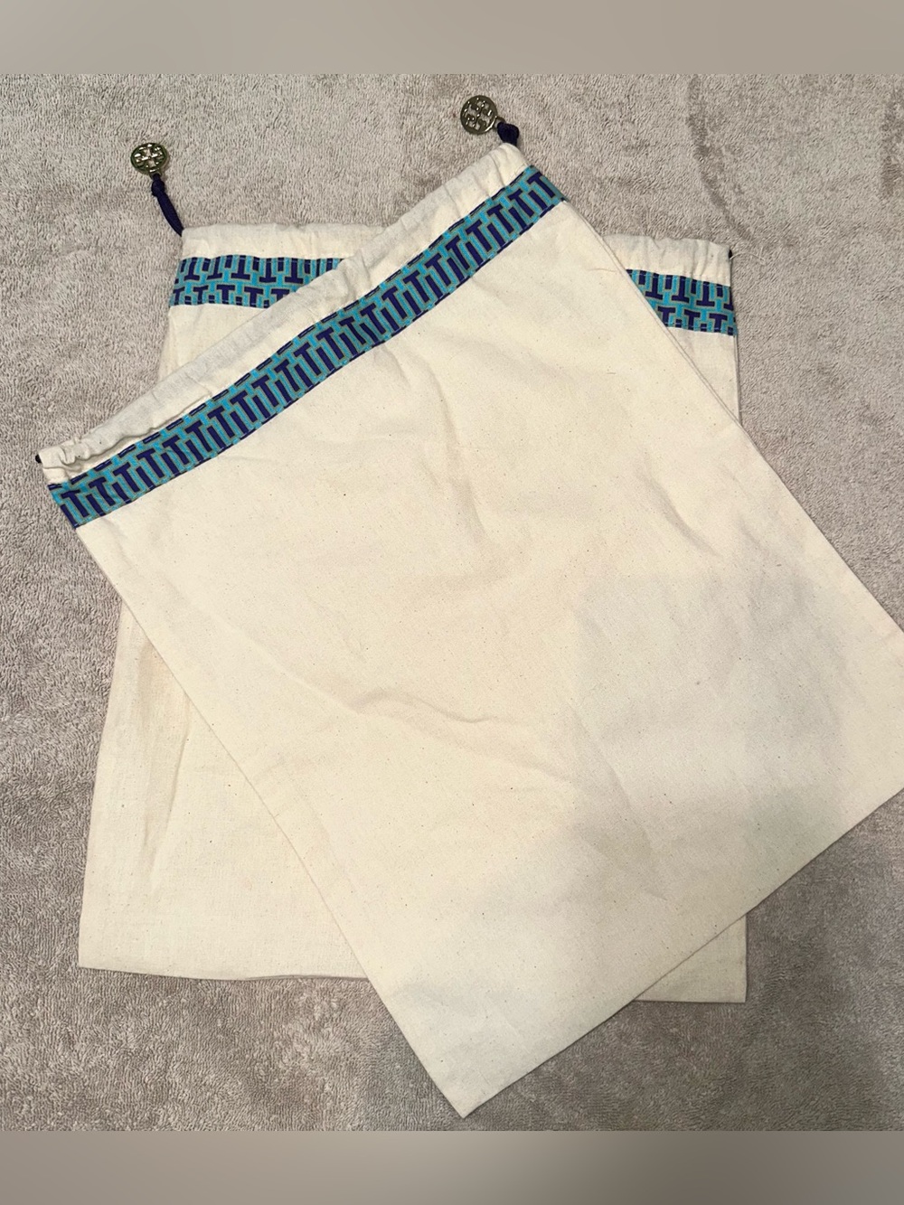 2 Tory Burch Dust Bags Handbag Storage Cover Teal Purple Logo Trim Gold Charm